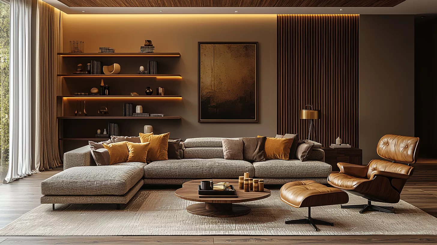 A modern majlis that embodies the combination of warm and neutral colors with a touch of wood in the design.